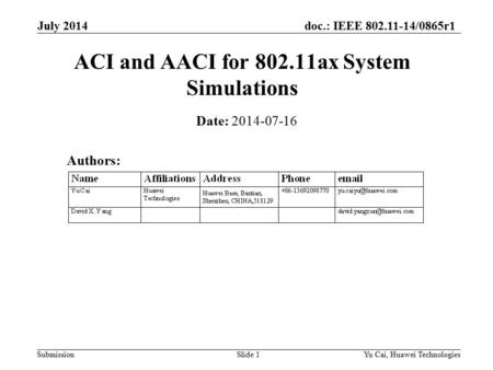 Doc.: IEEE 802.11-14/0865r1 Submission July 2014 Yu Cai, Huawei TechnologiesSlide 1 ACI and AACI for 802.11ax System Simulations Date: 2014-07-16 Authors: