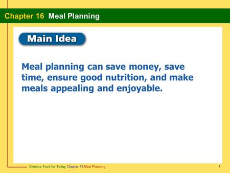 Meal planning can save money, save time, ensure good nutrition, and make meals appealing and enjoyable. 1.
