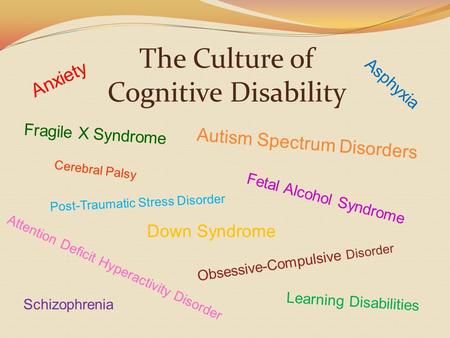 The Culture of Cognitive Disability Attention Deficit Hyperactivity Disorder Fragile X Syndrome Down Syndrome Fetal Alcohol Syndrome Asphyxia Autism Spectrum.