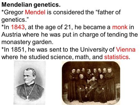 Mendelian genetics. *Gregor Mendel is considered the “father of genetics.” *In 1843, at the age of 21, he became a monk in Austria where he was put in.