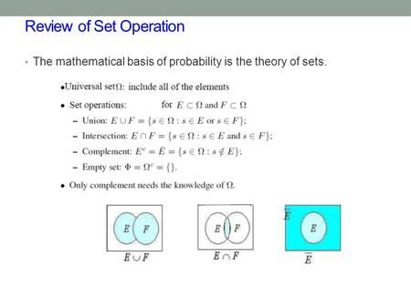 Review of Set Operation The mathematical basis of probability is the theory of sets.