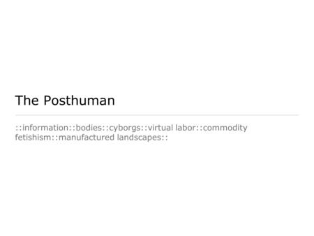 The Posthuman ::information::bodies::cyborgs::virtual labor::commodity fetishism::manufactured landscapes::