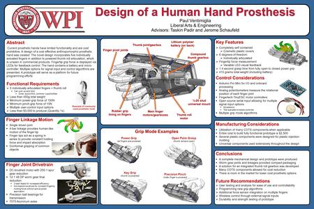 Design of a Human Hand Prosthesis Paul Ventimiglia Liberal Arts & Engineering Advisors: Taskin Padir and Jerome Schaufeld Abstract Current prosthetic hands.