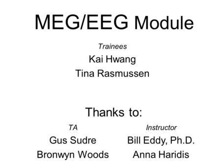 MEG/EEG Module Trainees Kai Hwang Tina Rasmussen TA Gus Sudre Bronwyn Woods Instructor Bill Eddy, Ph.D. Anna Haridis Thanks to: