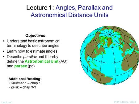 Lecture 1 PHYS1005 - 2003 Lecture 1: Angles, Parallax and Astronomical Distance Units Objectives: Understand basic astronomical terminology to describe.