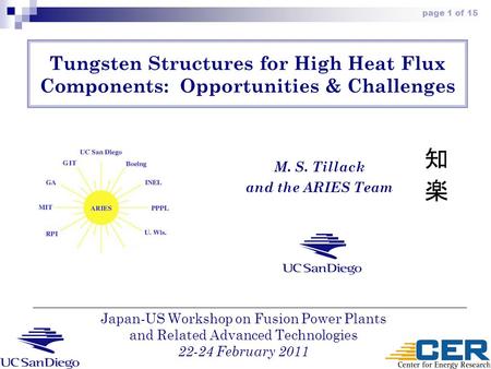 Page 1 of 15 Tungsten Structures for High Heat Flux Components: Opportunities & Challenges M. S. Tillack and the ARIES Team Japan-US Workshop on Fusion.