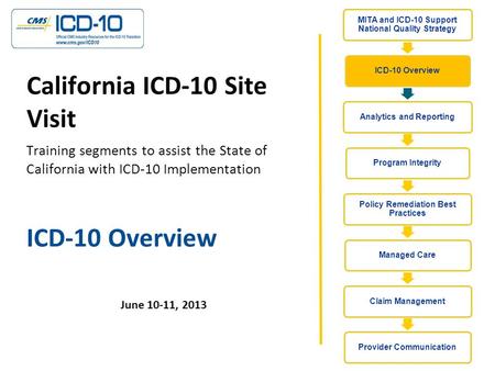 ICD-10 Overview June 10-11, 2013 California ICD-10 Site Visit Training segments to assist the State of California with ICD-10 Implementation.
