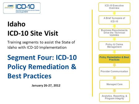 Segment Four: ICD-10 Policy Remediation & Best Practices January 26-27, 2012 Idaho ICD-10 Site Visit Training segments to assist the State of Idaho with.