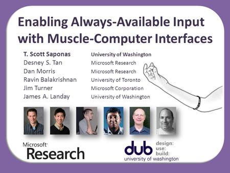 Enabling Always-Available Input with Muscle-Computer Interfaces T. Scott Saponas University of Washington Desney S. Tan Microsoft Research Dan Morris Microsoft.
