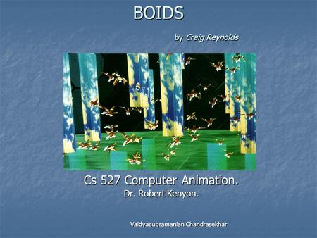BOIDS by Craig Reynolds Cs 527 Computer Animation. Dr. Robert Kenyon. Vaidyasubramanian Chandrasekhar Vaidyasubramanian Chandrasekhar.