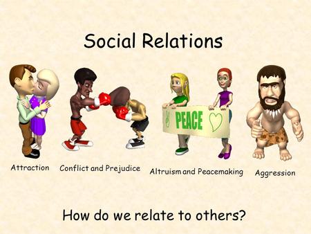 Social Relations How do we relate to others? Attraction Conflict and Prejudice Altruism and Peacemaking Aggression.