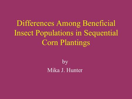 Differences Among Beneficial Insect Populations in Sequential Corn Plantings by Mika J. Hunter.