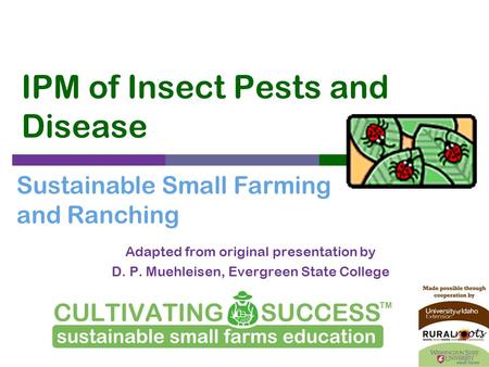 Sustainable Small Farming and Ranching IPM of Insect Pests and Disease Adapted from original presentation by D. P. Muehleisen, Evergreen State College.