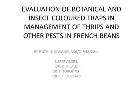 EVALUATION OF BOTANICAL AND INSECT COLOURED TRAPS IN MANAGEMENT OF THRIPS AND OTHER PESTS IN FRENCH BEANS BY FAITH N. MWANGI A56/71542/2011 SUPERVISORS: