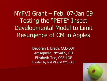 NYFVI Grant – Feb. 07-Jan 09 Testing the “PETE” Insect Developmental Model to Limit Resurgence of CM in Apples Deborah I. Breth, CCE-LOF Art Agnello, NYSAES,