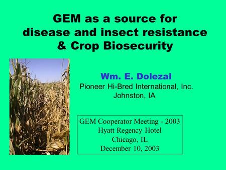 GEM as a source for disease and insect resistance & Crop Biosecurity Wm. E. Dolezal Pioneer Hi-Bred International, Inc. Johnston, IA GEM Cooperator Meeting.