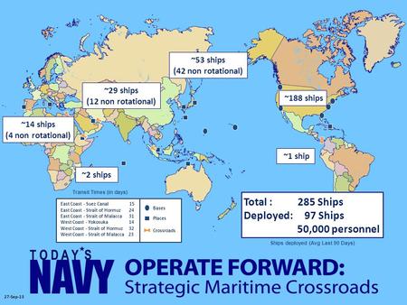~1 ship ~53 ships (42 non rotational) ~29 ships (12 non rotational) ~14 ships (4 non rotational) ~2 ships Total : 285 Ships Deployed: 97 Ships 50,000 personnel.