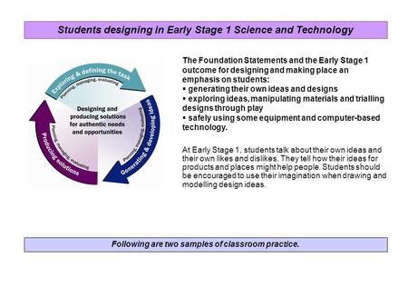 Following are two samples of classroom practice. The Foundation Statements and the Early Stage 1 outcome for designing and making place an emphasis on.