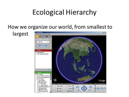 Ecological Hierarchy How we organize our world, from smallest to largest.