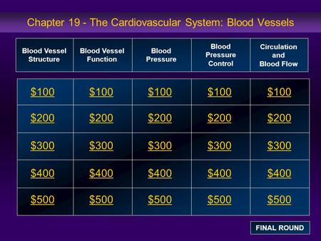 Chapter 19 - The Cardiovascular System: Blood Vessels $100 $200 $300 $400 $500 $100$100$100 $200 $300 $400 $500 Blood Vessel Structure Blood Vessel Function.