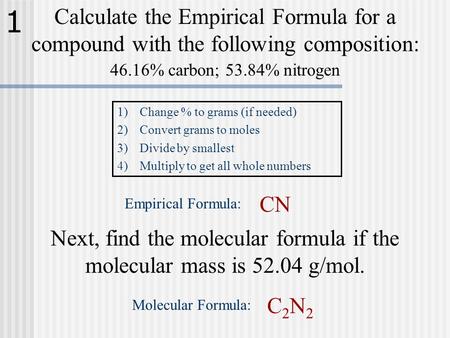 Calculate the Empirical Formula for a compound with the following composition: 46.16% carbon; 53.84% nitrogen 1)Change % to grams (if needed) 2)Convert.