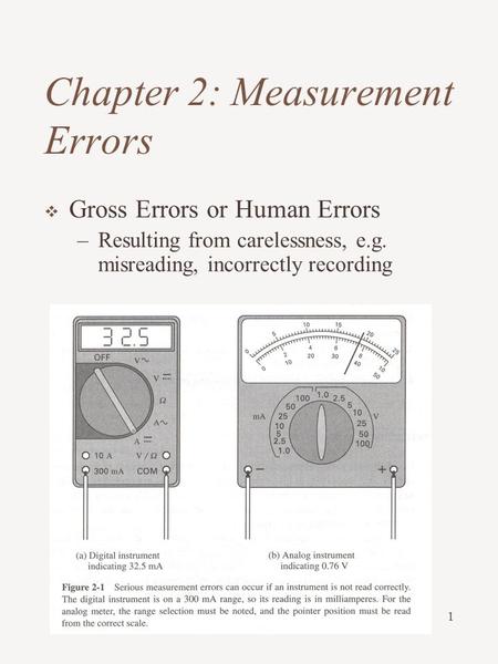 1 Chapter 2: Measurement Errors  Gross Errors or Human Errors –Resulting from carelessness, e.g. misreading, incorrectly recording.