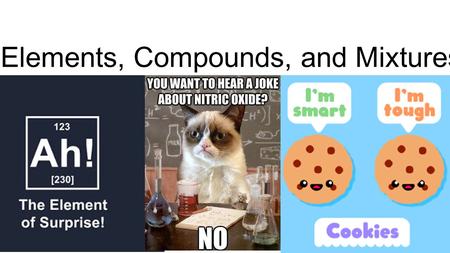 Elements, Compounds, and Mixtures. What are the basic differences? Element Any substance that contains only one kind of atom Cannot be broken down Compound.