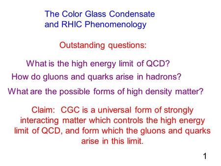 The Color Glass Condensate and RHIC Phenomenology Outstanding questions: What is the high energy limit of QCD? How do gluons and quarks arise in hadrons?
