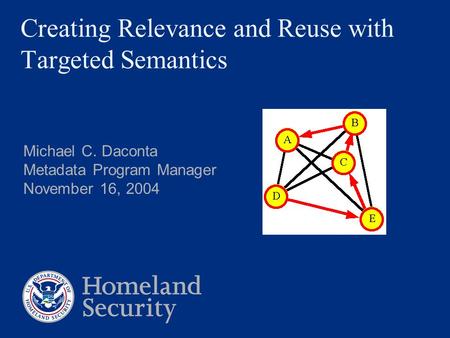 Creating Relevance and Reuse with Targeted Semantics Michael C. Daconta Metadata Program Manager November 16, 2004.