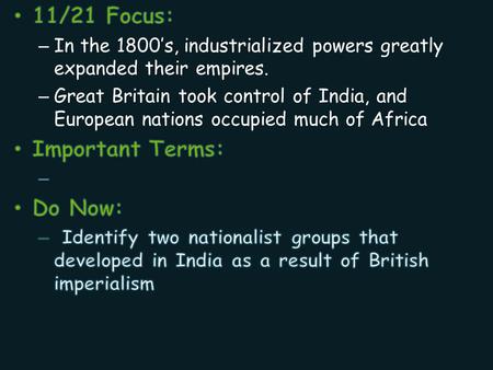 Imperialism Test Review Topics to know for the Test Motives for the New Imperialism Forms of Imperialism Imperialism in Africa Imperialism in Muslim.