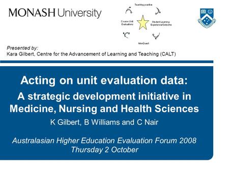 Acting on unit evaluation data: A strategic development initiative in Medicine, Nursing and Health Sciences K Gilbert, B Williams and C Nair Australasian.