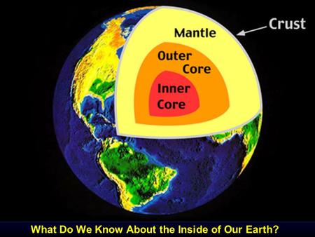 What Do We Know About the Inside of Our Earth?. Core No direct samples Probably heavy stuff Inner core –Solid –Density of pure iron or nickel/iron –~