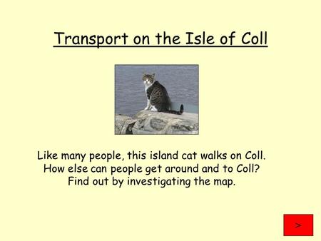 Transport on the Isle of Coll Like many people, this island cat walks on Coll. How else can people get around and to Coll? Find out by investigating the.