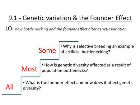 9.1 - Genetic variation & the Founder Effect LO: how bottle necking and the founder effect alter genetic variation. All Most Some What is the founder effect.
