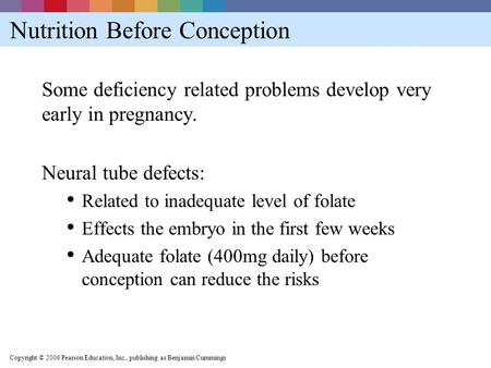 Copyright © 2006 Pearson Education, Inc., publishing as Benjamin Cummings Nutrition Before Conception Some deficiency related problems develop very early.