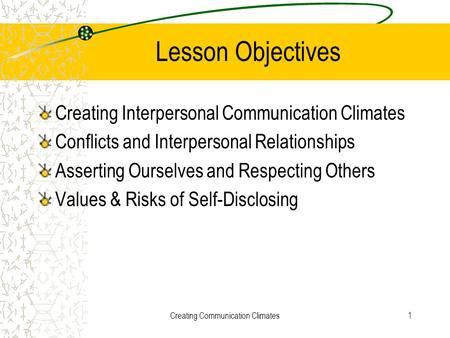 Creating Communication Climates1 Lesson Objectives Creating Interpersonal Communication Climates Conflicts and Interpersonal Relationships Asserting Ourselves.