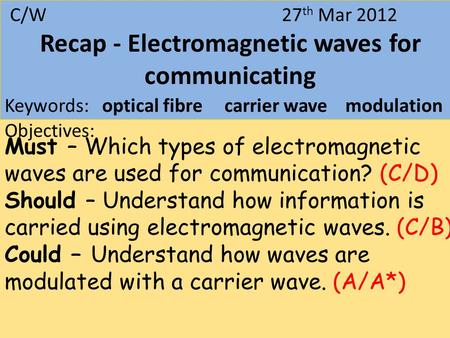 27 March 2012Digital Signals C/W 27 th Mar 2012 Recap - Electromagnetic waves for communicating Keywords: optical fibre carrier wave modulation Objectives: