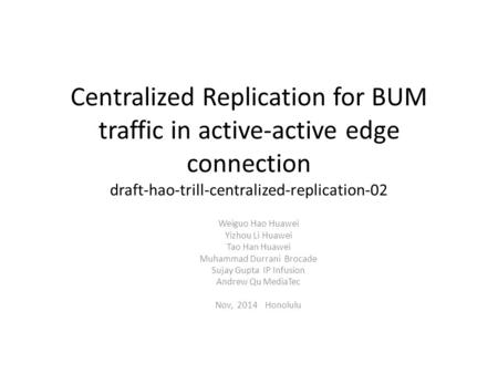 Centralized Replication for BUM traffic in active-active edge connection draft-hao-trill-centralized-replication-02 Weiguo Hao Huawei Yizhou Li Huawei.