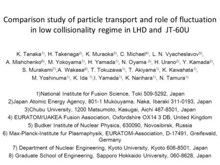 Comparison study of particle transport and role of fluctuation in low collisionality regime in LHD and JT-60U K. Tanaka 1), H. Takenaga 2), K. Muraoka.