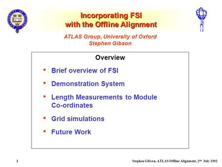 Stephen Gibson, ATLAS Offline Alignment, 2 nd July 2002 1 Incorporating FSI with the Offline Alignment Overview ATLAS Group, University of Oxford Stephen.