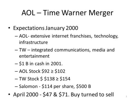 AOL – Time Warner Merger Expectations January 2000 – AOL- extensive internet franchises, technology, infrastructure – TW – integrated communications, media.