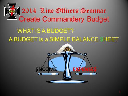 2014 Line Officers Seminar Create Commandery Budget $NCOMEEXPENSE$ 1 WHAT IS A BUDGET? A BUDGET is a SIMPLE BALANCE $HEET.