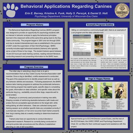 Behavioral Applications Regarding Canines Erin E. Barney, Kristine A. Funk, Holly S. Perszyk, & Daniel D. Holt Psychology Department, University of Wisconsin-Eau.