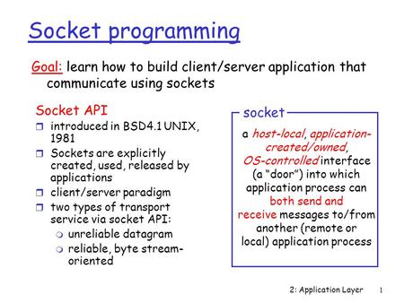 2: Application Layer1 Socket programming Socket API r introduced in BSD4.1 UNIX, 1981 r Sockets are explicitly created, used, released by applications.