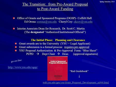 The Transition: from Pre-Award Proposal to Post-Award Funding Office of Grants and Sponsored Programs (OGSP)- Coffelt Hall Ed Orona: Cheryl.