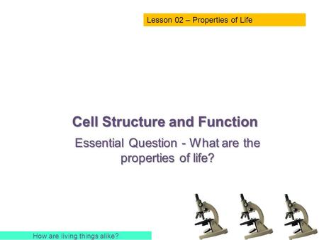 Cell Structure and Function Essential Question - What are the properties of life? Lesson 02 – Properties of Life How are living things alike?