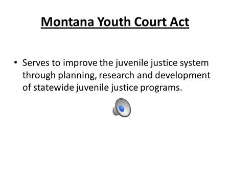 Montana Youth Court Act Serves to improve the juvenile justice system through planning, research and development of statewide juvenile justice programs.