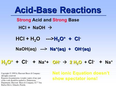 Acid-Base Reactions Copyright © 1999 by Harcourt Brace & Company All rights reserved. Requests for permission to make copies of any part of the work should.