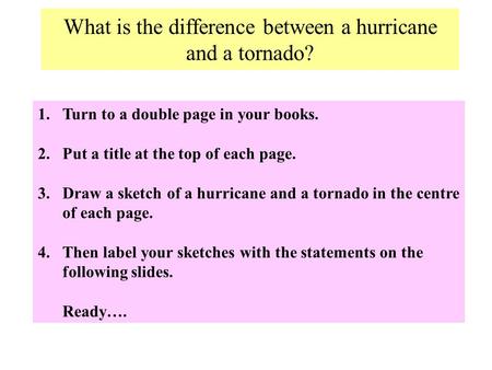 What is the difference between a hurricane and a tornado? 1.Turn to a double page in your books. 2.Put a title at the top of each page. 3.Draw a sketch.
