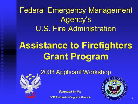 1 Federal Emergency Management Agency’s U.S. Fire Administration Assistance to Firefighters Grant Program 2003 Applicant Workshop Prepared by the USFA.